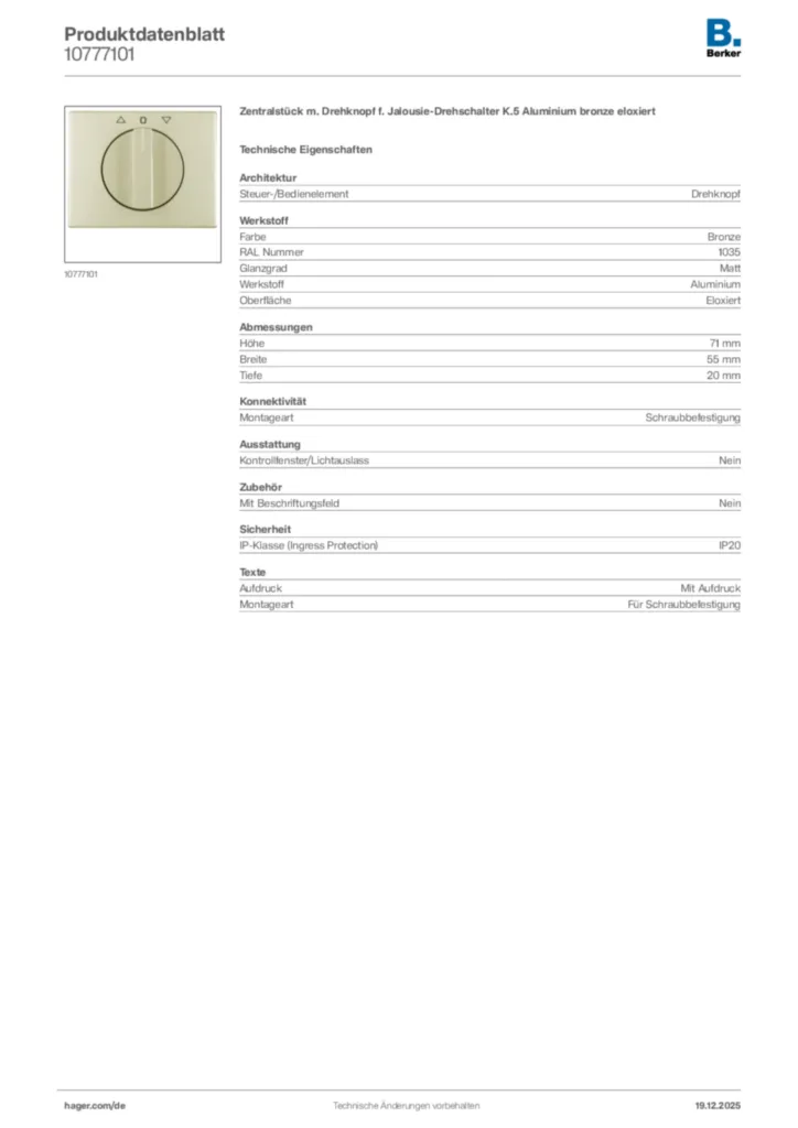 Bild Berker Produktdatenblatt 10777101 | Hager Deutschland
