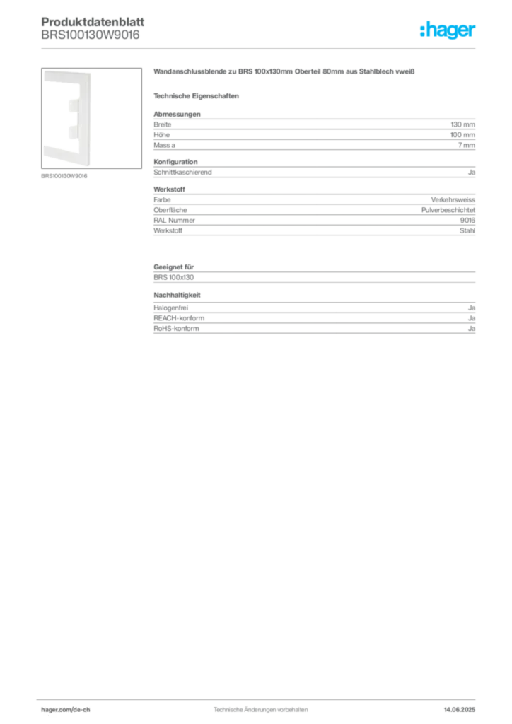 Bild Hager Produktdatenblatt BRS100130W9016 | Hager Schweiz