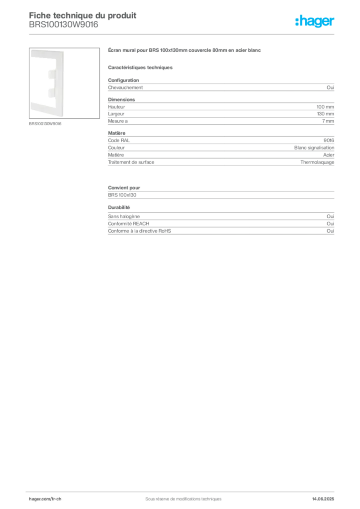 Image Hager Fiche technique du produit BRS100130W9016 | Hager Suisse