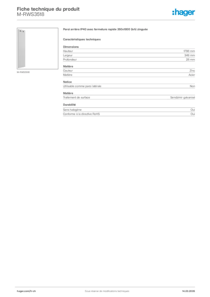 Image Hager Fiche technique du produit M-RWS3518 | Hager Suisse