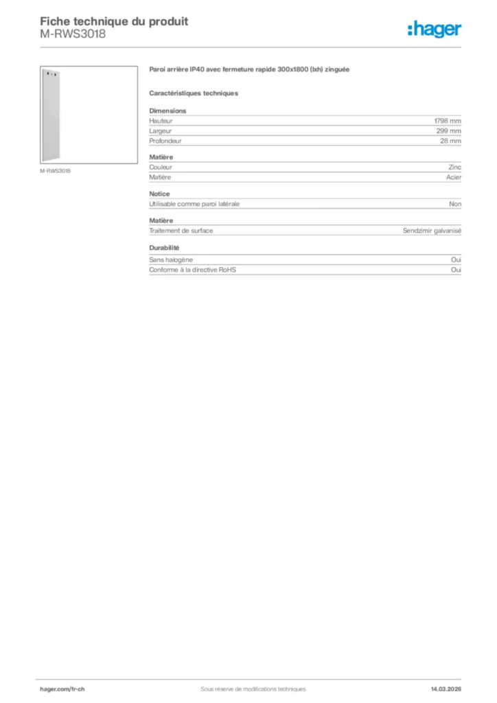 Image Hager Fiche technique du produit M-RWS3018 | Hager Suisse