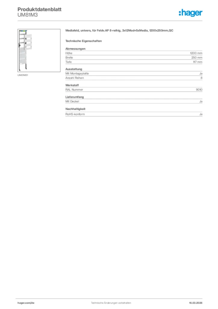 Bild Hager Produktdatenblatt UM81M3 | Hager Deutschland
