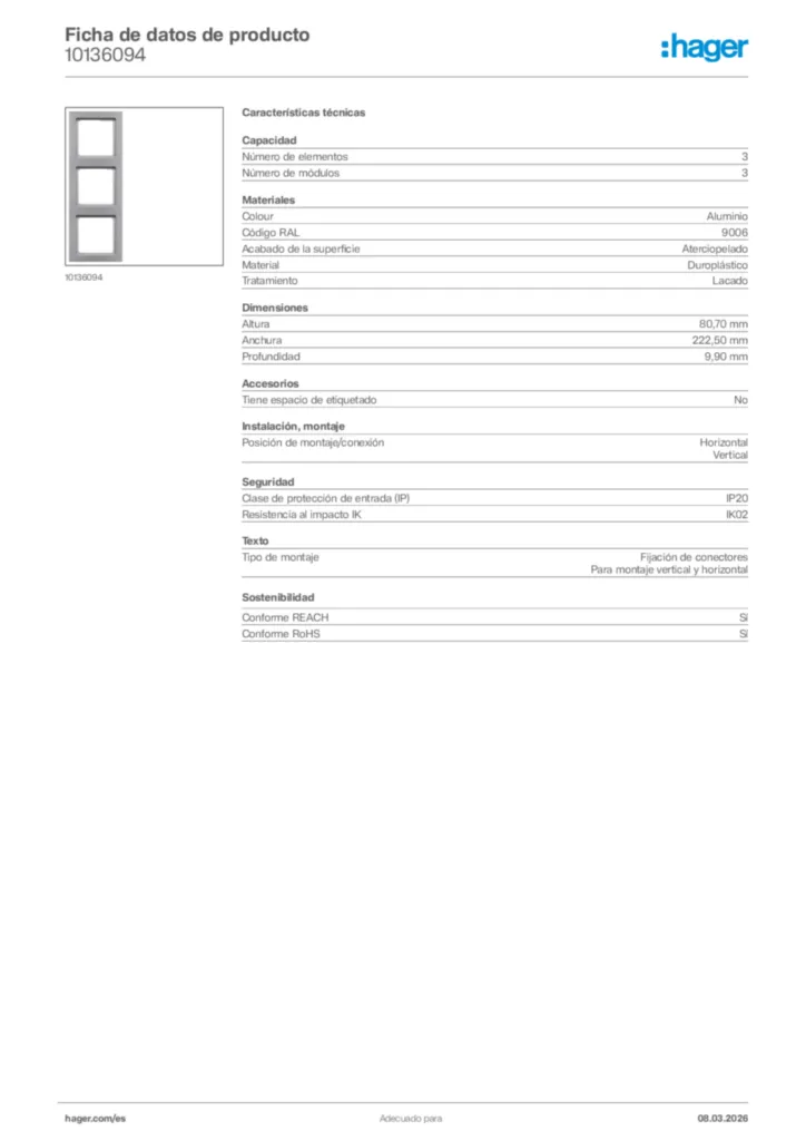 Imagen Hager Ficha de datos de producto 10136094 | Hager España