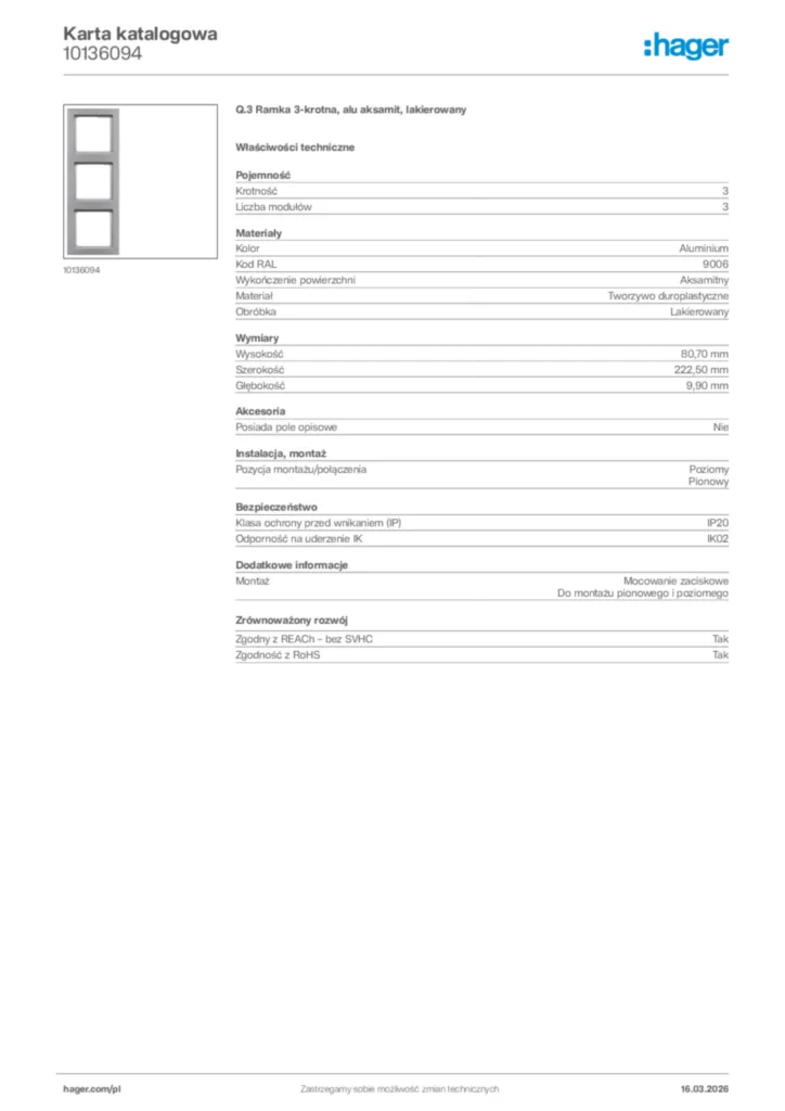 Zdjęcie Hager Karta katalogowa 10136094 | Hager Polska