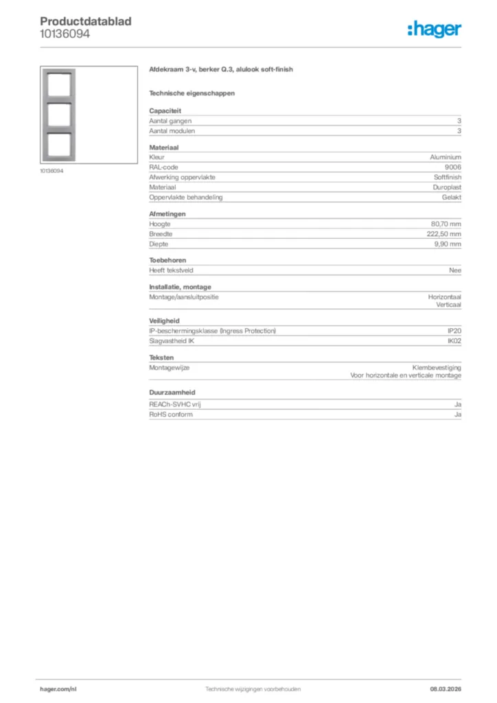 Afbeelding Hager Productdatablad 10136094 | Hager Nederland