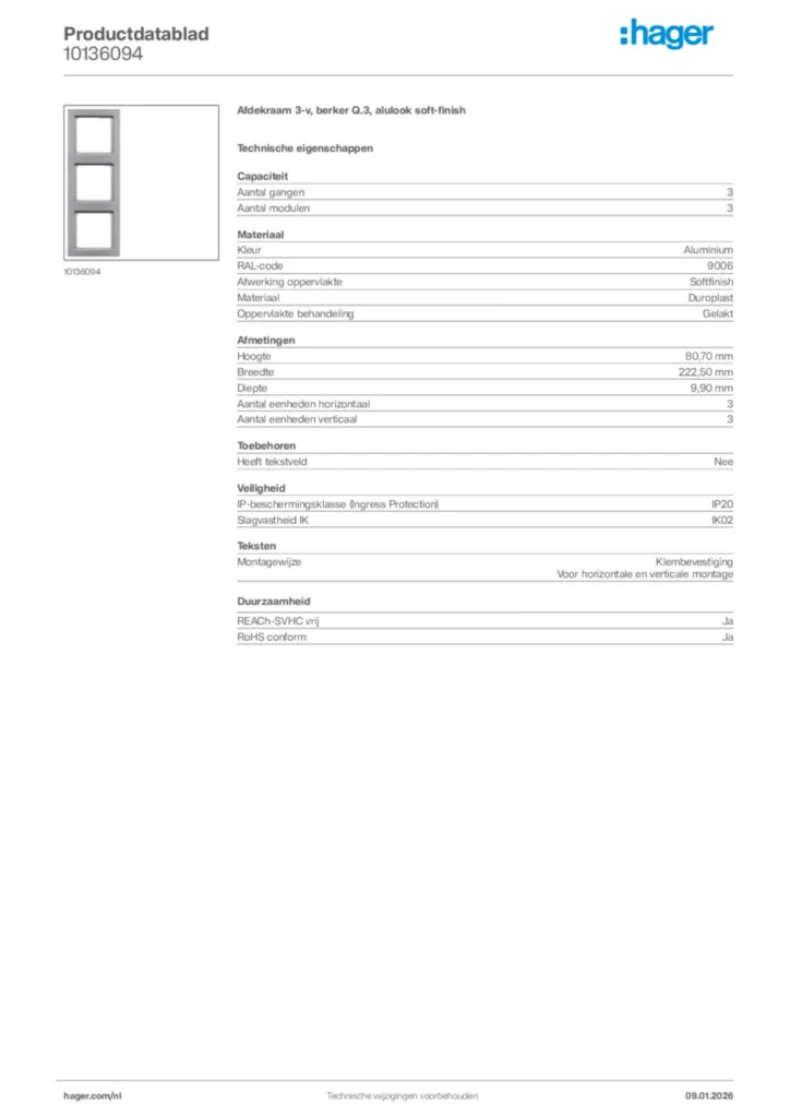 Afbeelding Hager Productdatablad 10136094 | Hager Nederland