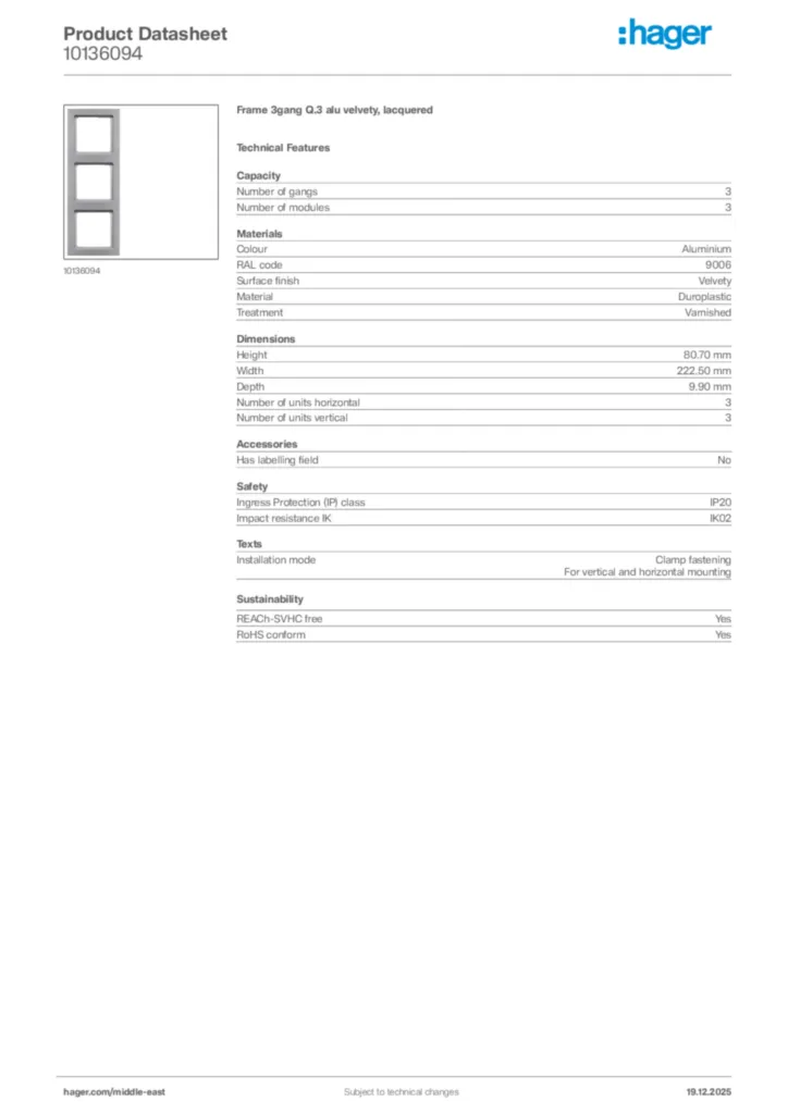 Image Hager Product data sheet 10136094  | Hager