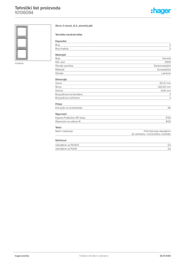 Slika Hager Product data sheet 10136094  | Hager