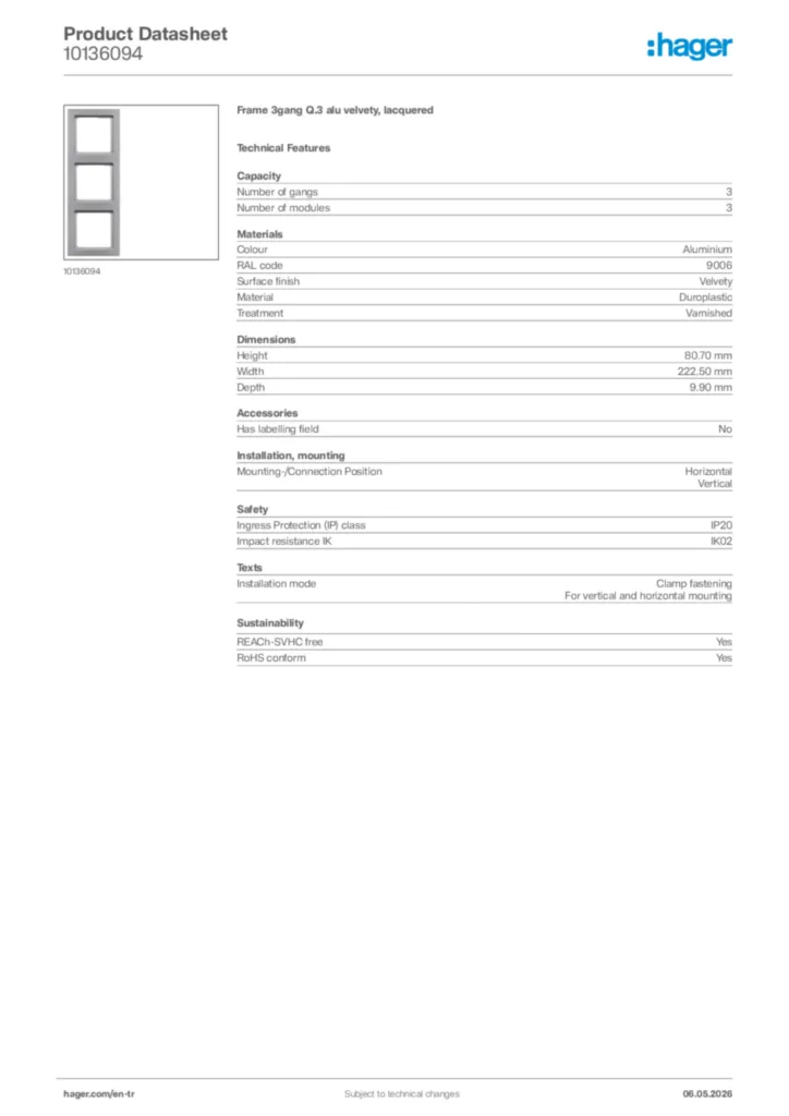 Image Hager Product data sheet 10136094  | Hager