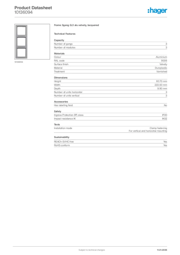 Image Hager Product data sheet 10136094  | Hager