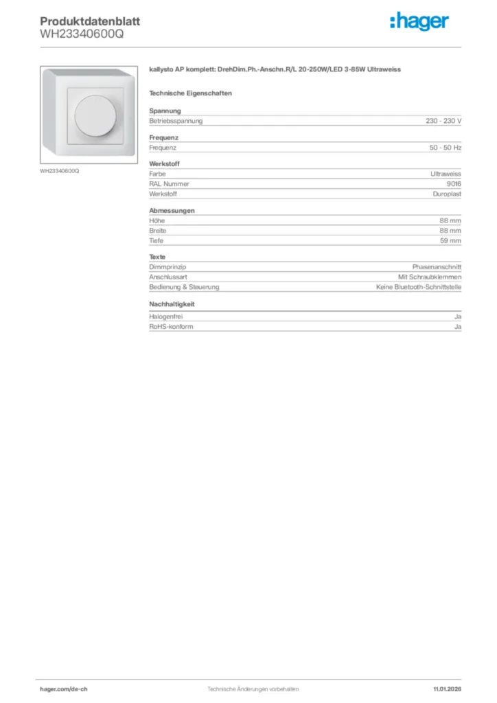 Bild Hager Produktdatenblatt WH23340600Q | Hager Schweiz
