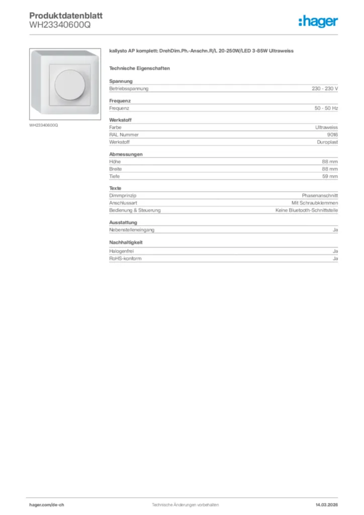 Bild Hager Produktdatenblatt WH23340600Q | Hager Schweiz