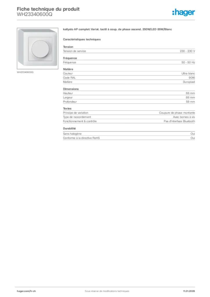 Image Hager Fiche technique du produit WH23340600Q | Hager Suisse