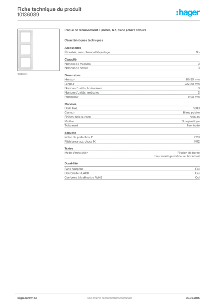 Image Hager Fiche technique du produit 10136089 | Hager Belgique