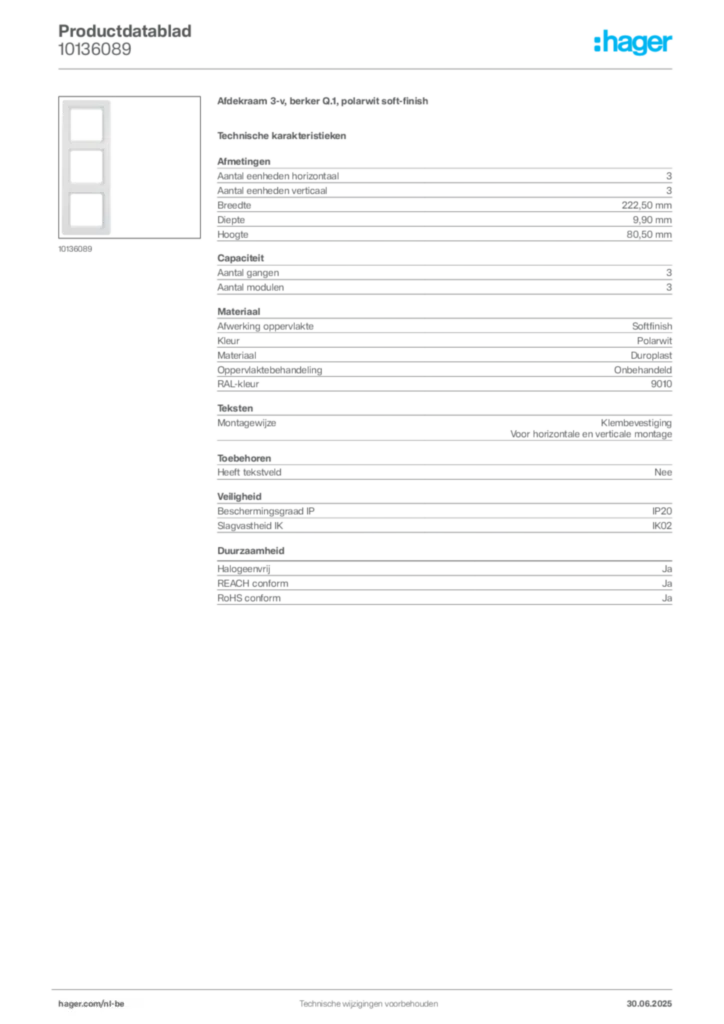 Afbeelding Hager Productdatablad 10136089 | Hager Belgium