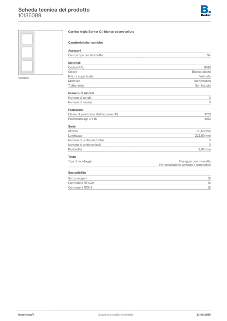 Immagine Berker Scheda tecnica del prodotto 10136089 | Hager Italia