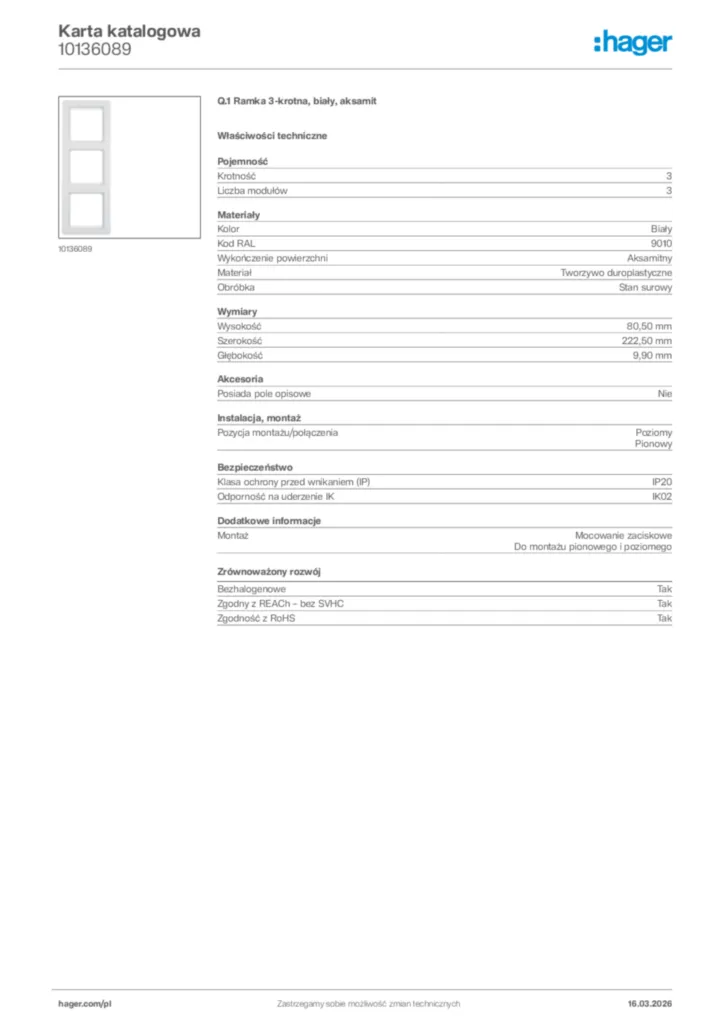 Zdjęcie Hager Karta katalogowa 10136089 | Hager Polska