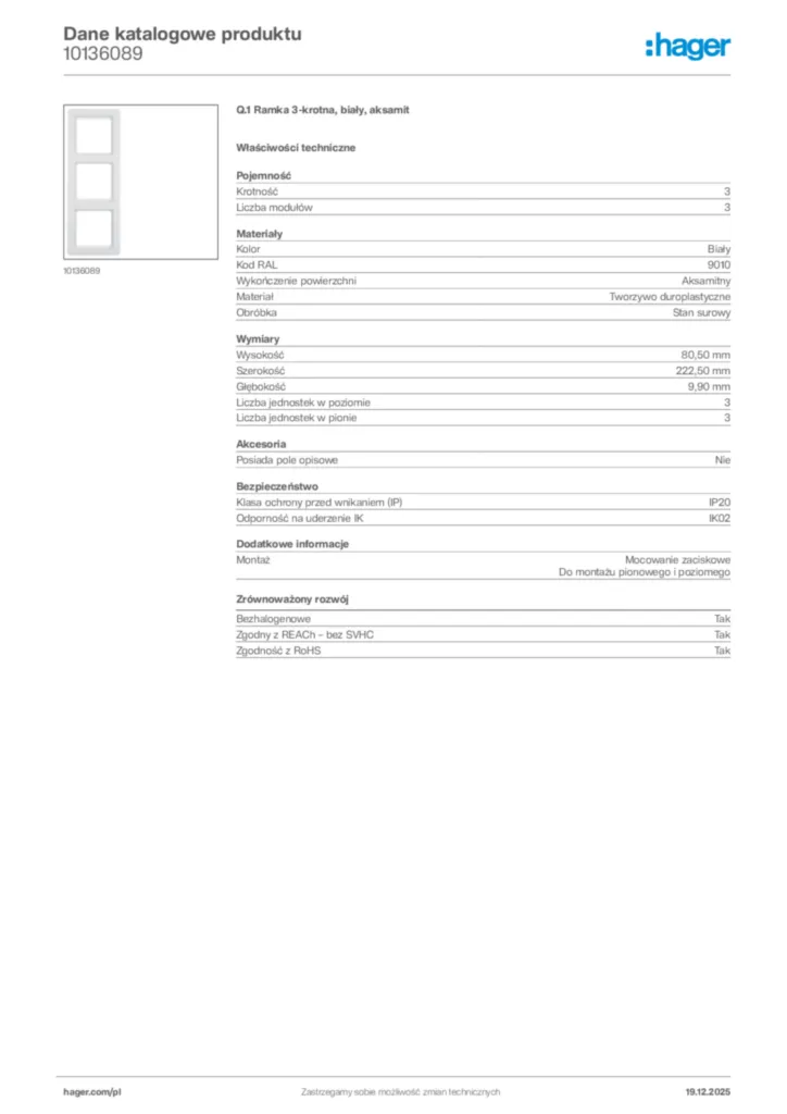 Zdjęcie Hager Karta katalogowa 10136089 | Hager Polska