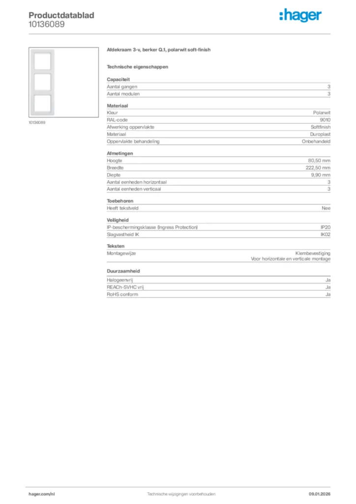 Afbeelding Hager Productdatablad 10136089 | Hager Nederland