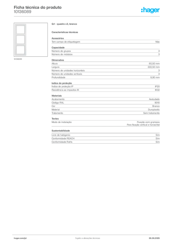 Imagem Hager Ficha técnica do produto 10136089 | Hager Portugal