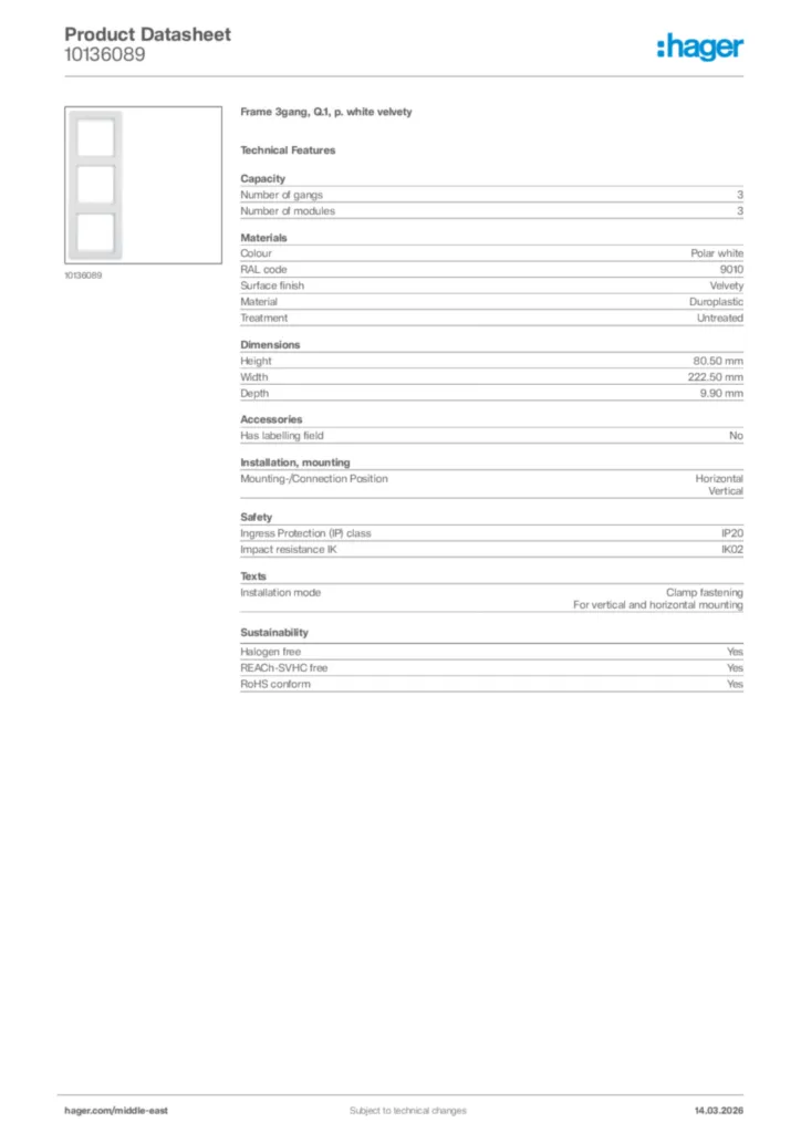 Image Hager Product data sheet 10136089  | Hager
