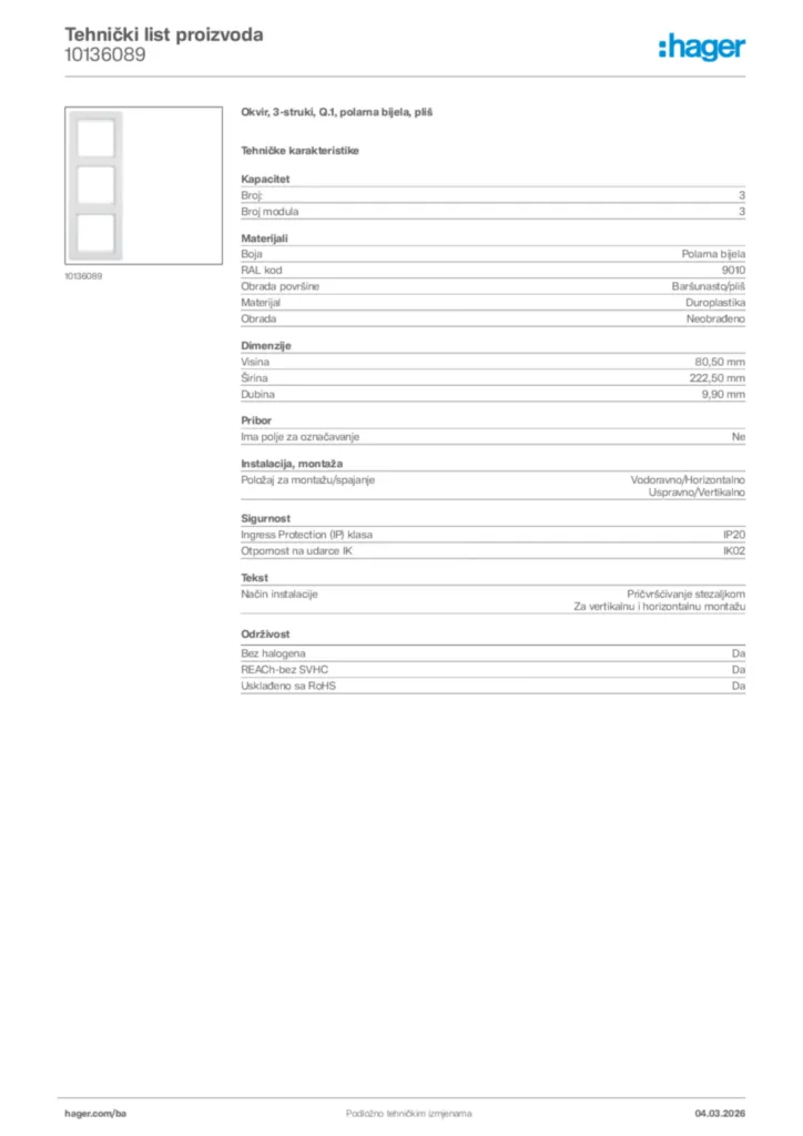 Slika Hager Tehnički list proizvoda 10136089  | Hager
