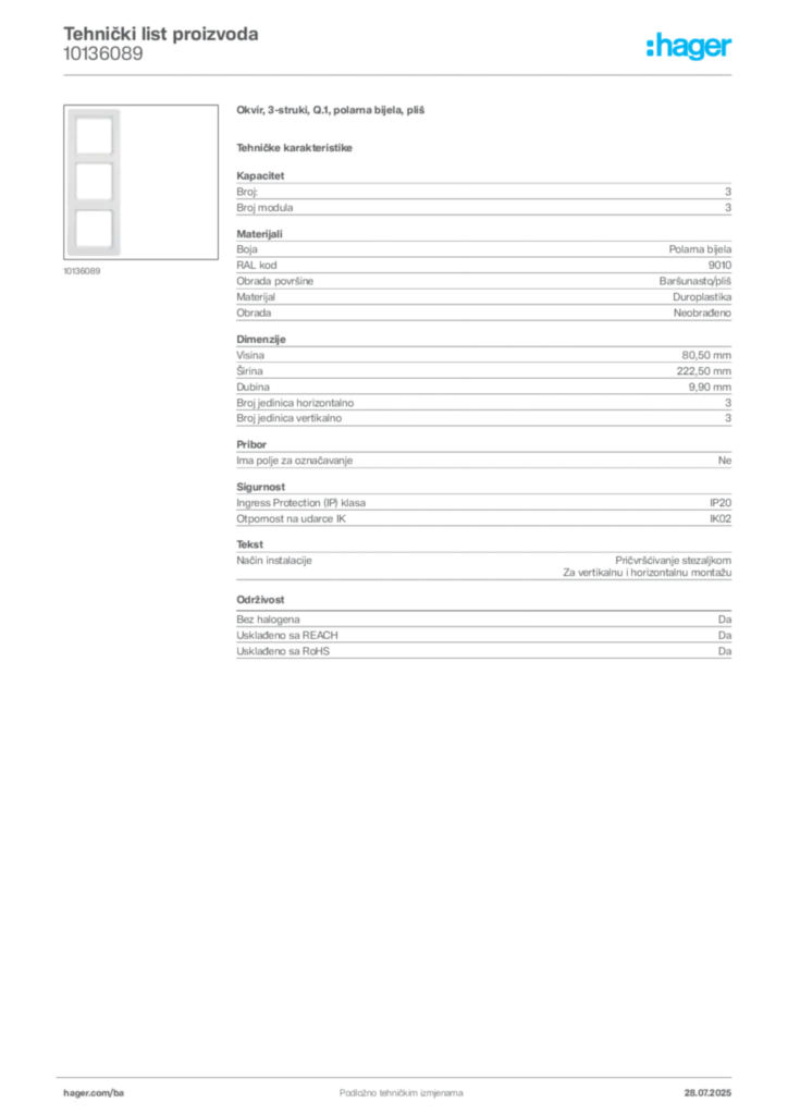 Slika Hager Product data sheet 10136089  | Hager