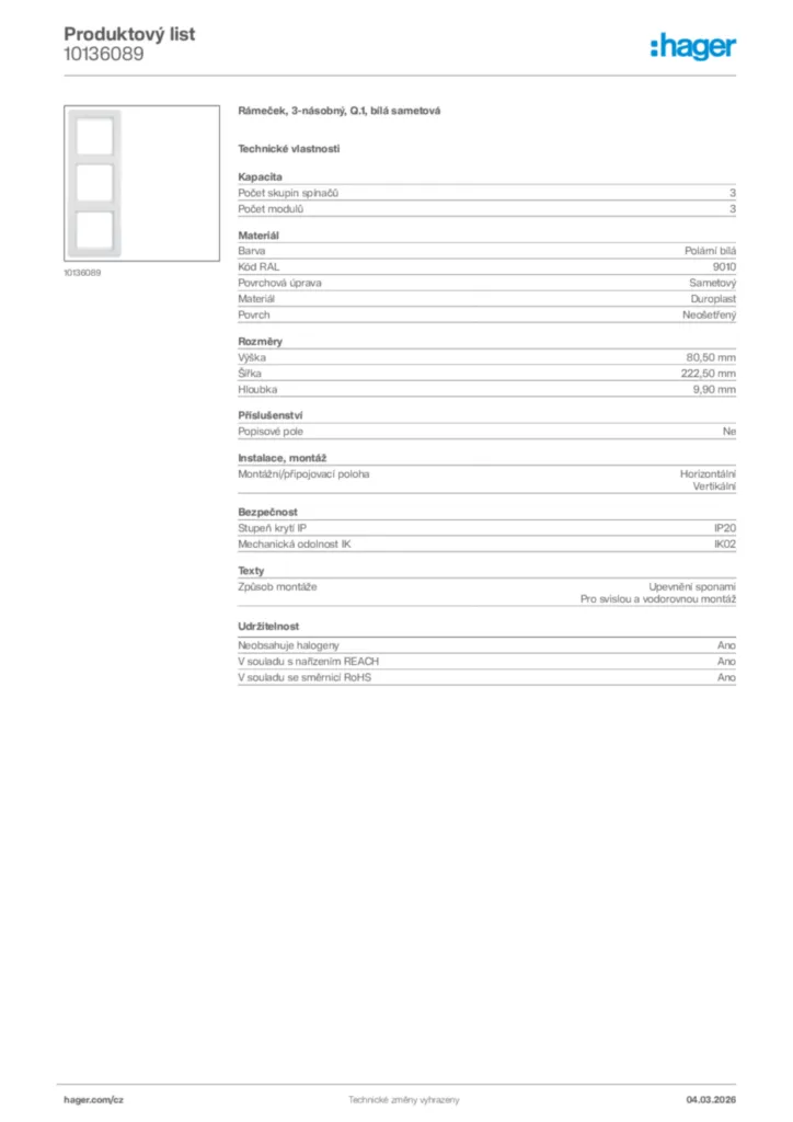 Obrázek Hager Product data sheet 10136089 | Hager