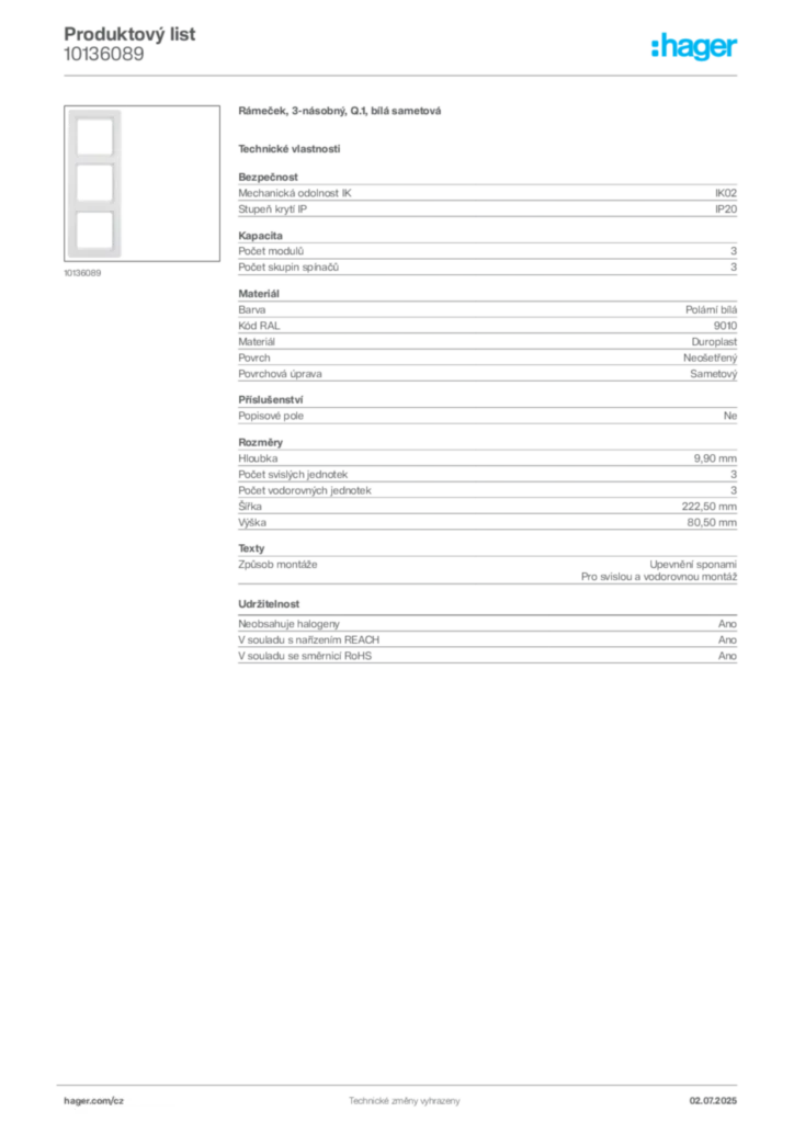 Obrázek Hager Produktový list 10136089 | Hager