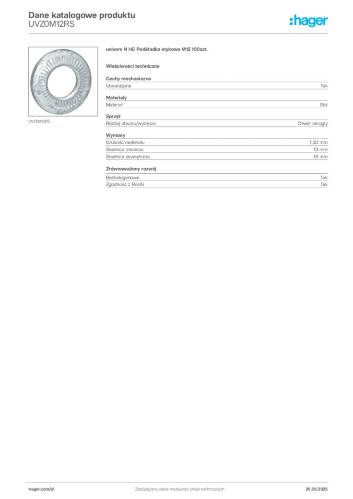 Zdjęcie Hager Karta katalogowa UVZ0M12RS | Hager Polska
