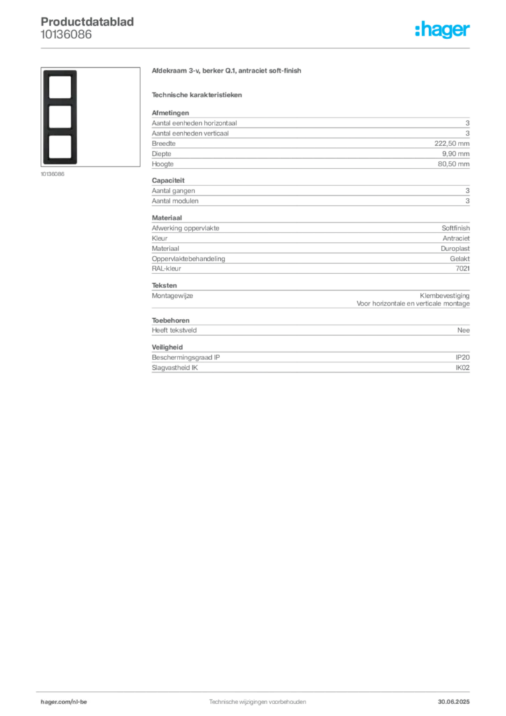Afbeelding Hager Productdatablad 10136086 | Hager Belgium