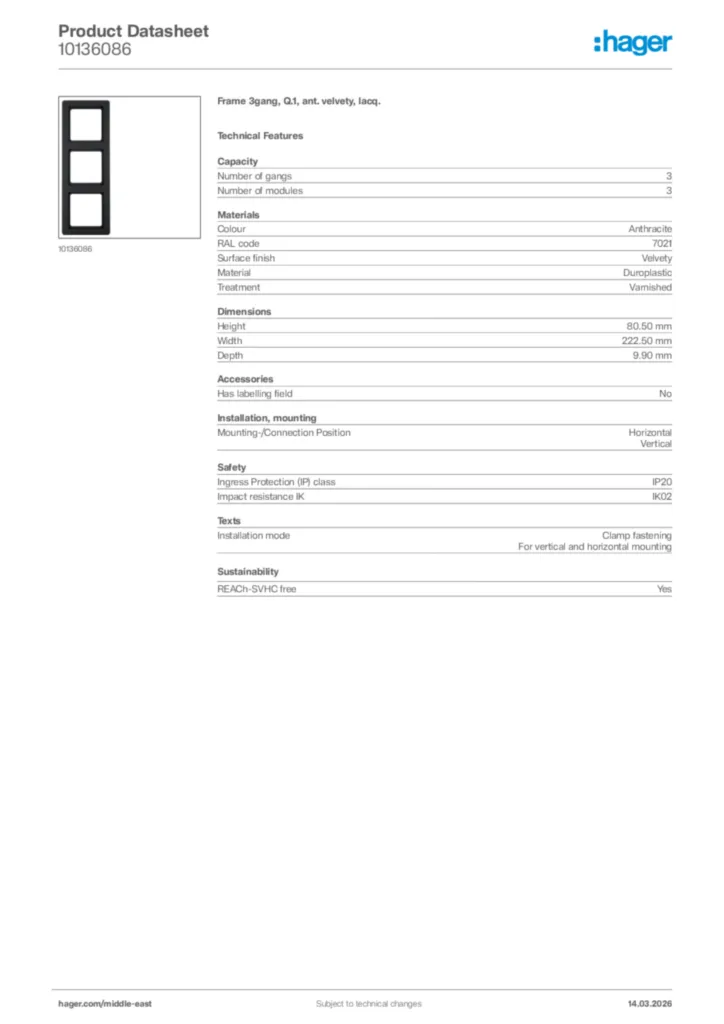 Image Hager Product data sheet 10136086  | Hager