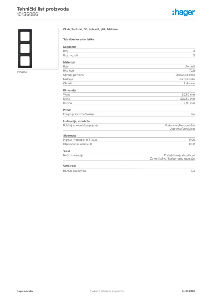 Slika Hager Tehnički list proizvoda 10136086  | Hager