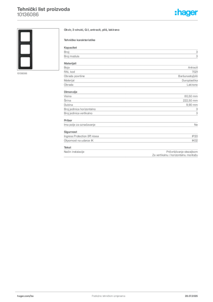 Slika Hager Product data sheet 10136086  | Hager
