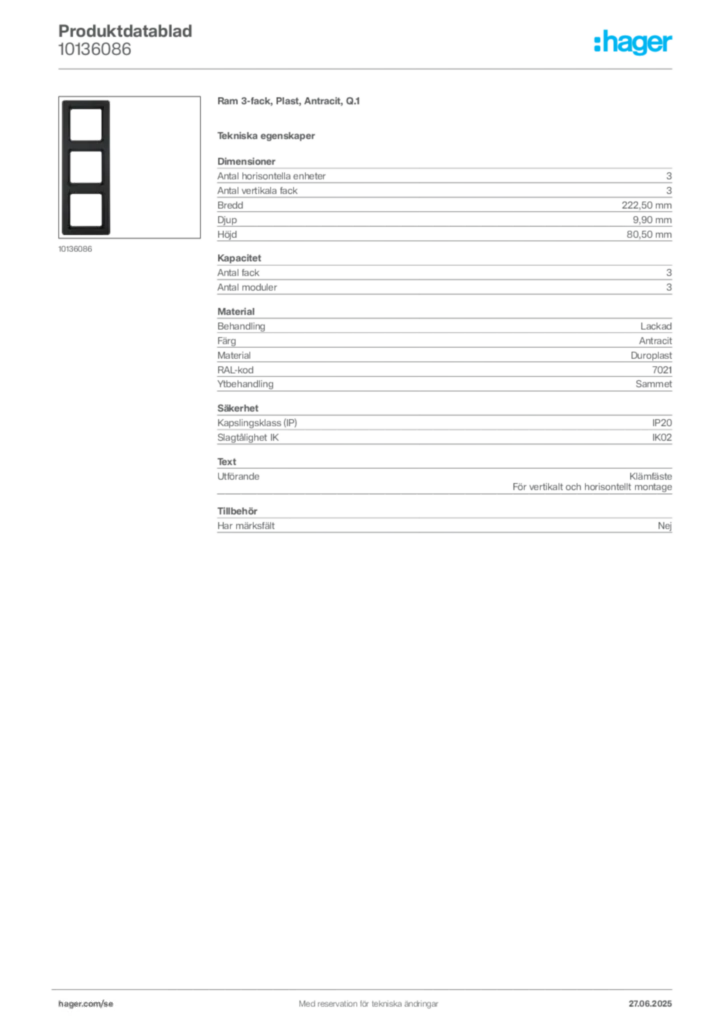 Bild Hager Produktdatablad 10136086 | Hager Sverige