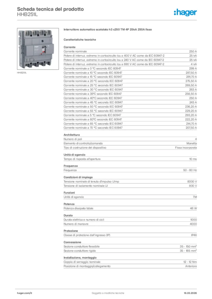 Immagine Hager Scheda tecnica del prodotto HHB251L | Hager Italia