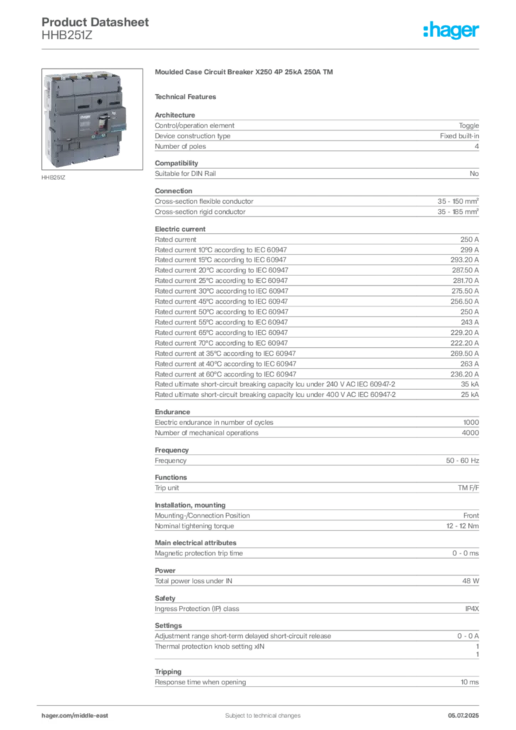 Image Hager Product data sheet HHB251Z  | Hager