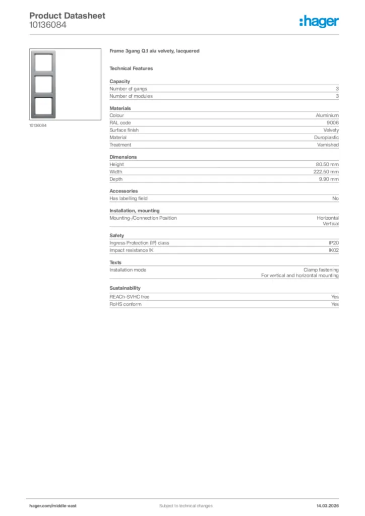 Image Hager Product data sheet 10136084  | Hager