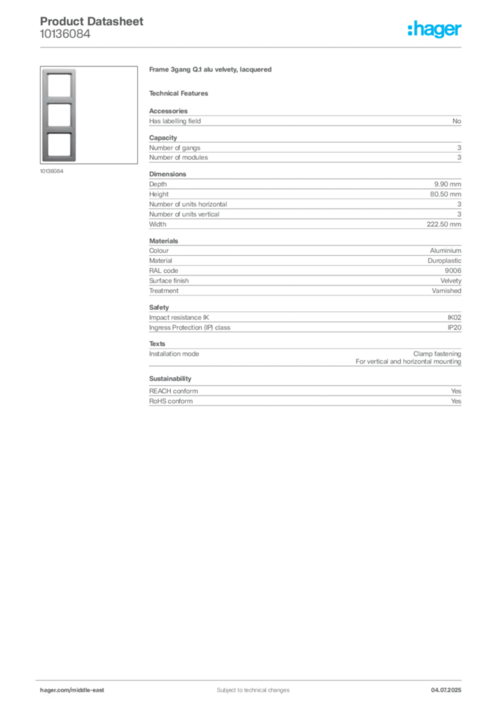 Image Hager Product data sheet 10136084  | Hager