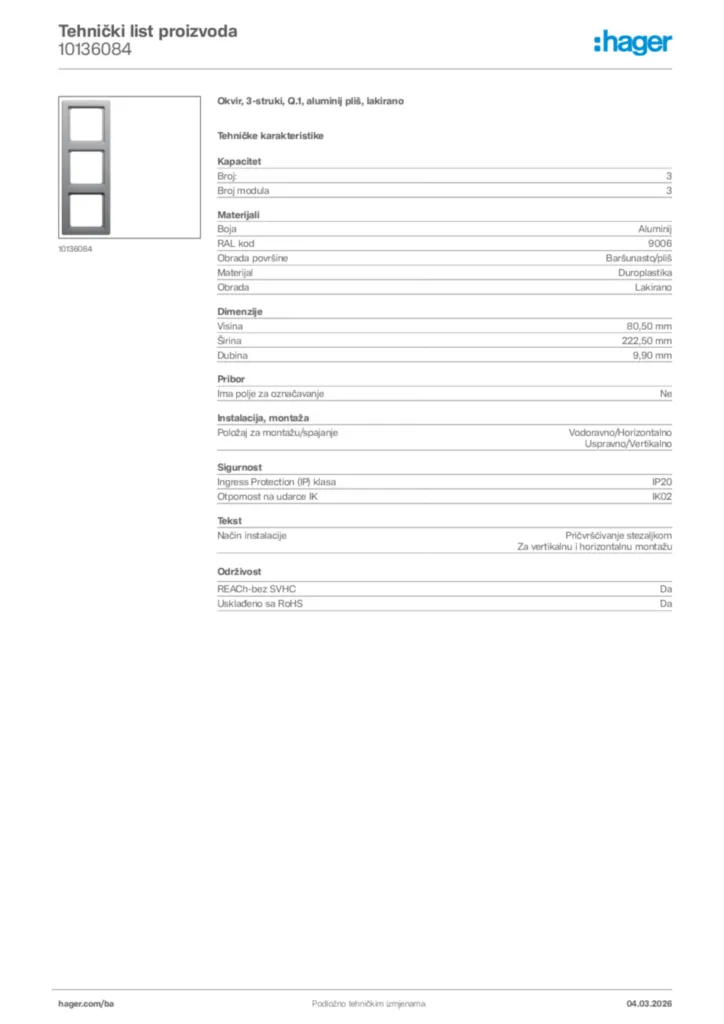 Slika Hager Tehnički list proizvoda 10136084  | Hager