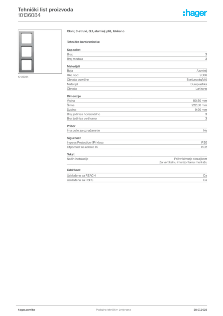 Slika Hager Product data sheet 10136084  | Hager