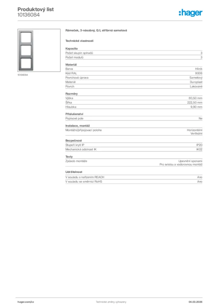 Obrázek Hager Product data sheet 10136084 | Hager