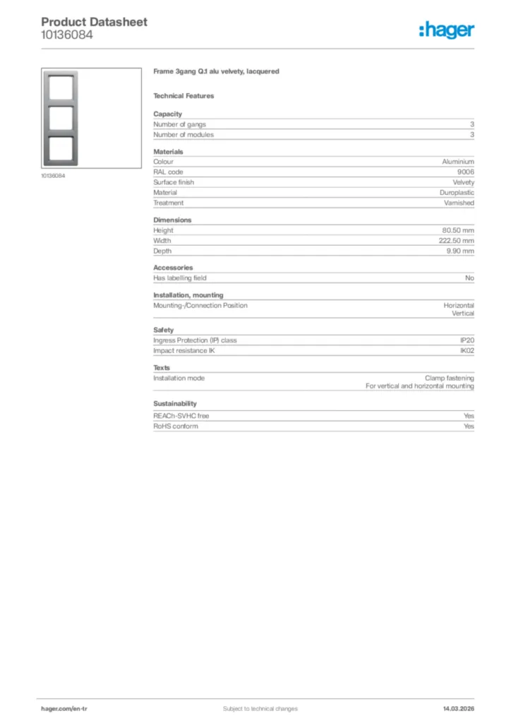 Image Hager Product data sheet 10136084  | Hager