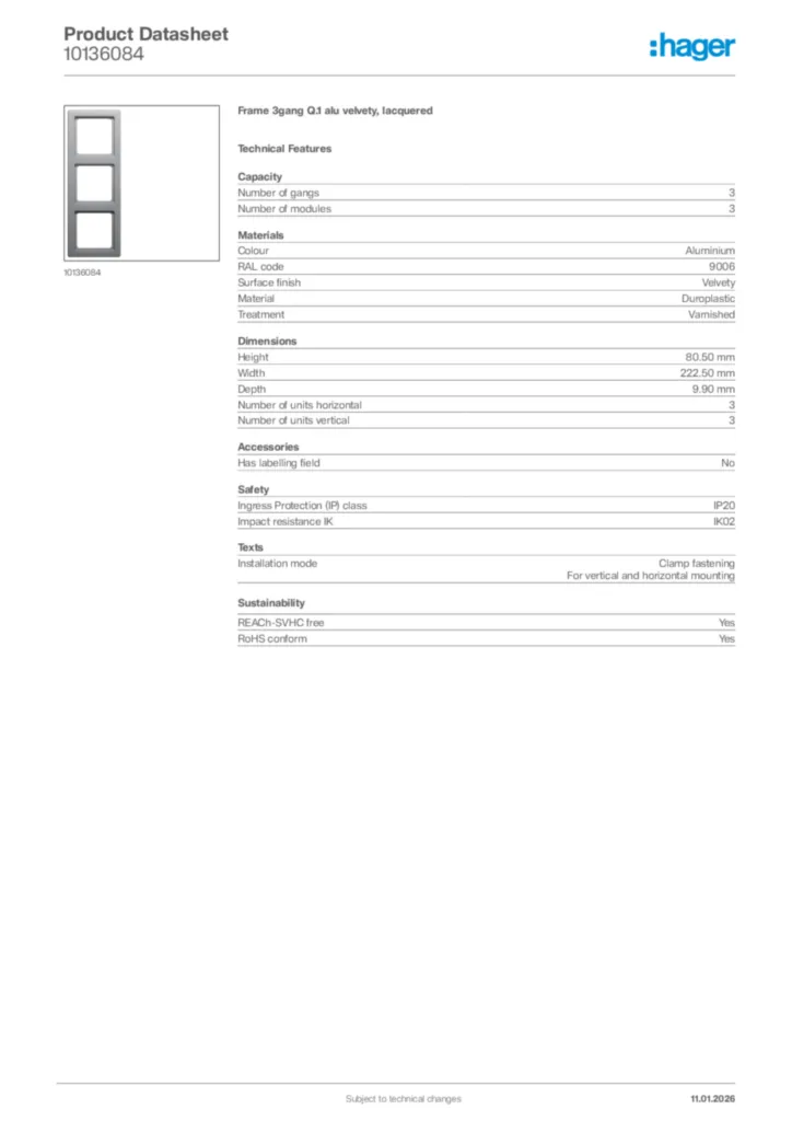 Image Hager Product data sheet 10136084  | Hager