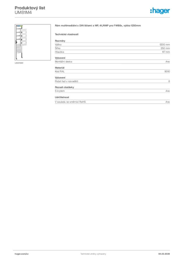 Obrázek Hager Product data sheet UM81M4 | Hager