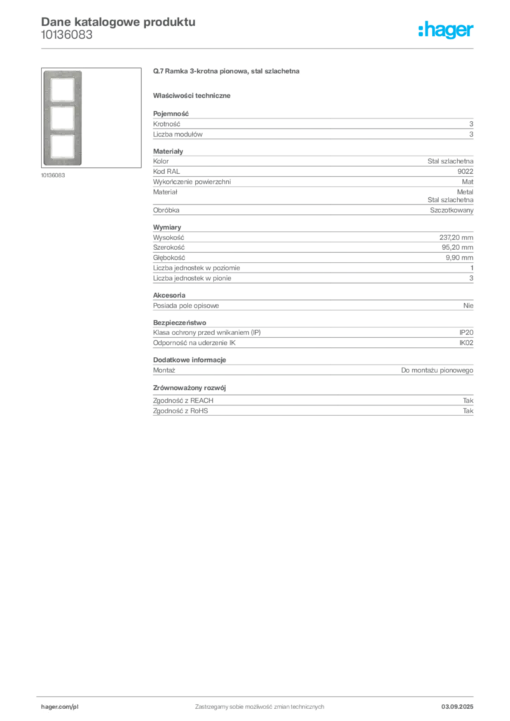 Zdjęcie Hager Karta katalogowa 10136083 | Hager Polska