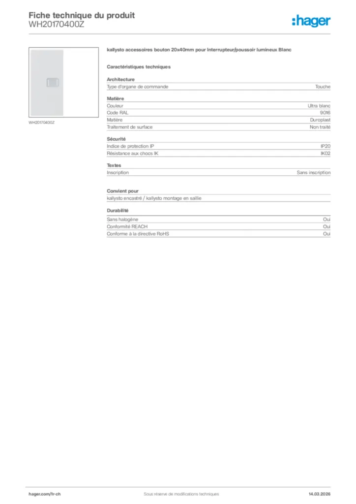 Image Hager Fiche technique du produit WH20170400Z | Hager Suisse