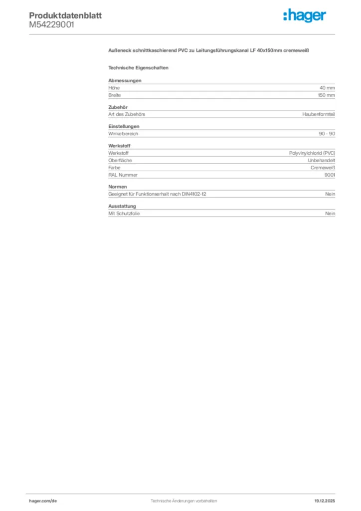 Bild Hager Produktdatenblatt M54229001 | Hager Deutschland