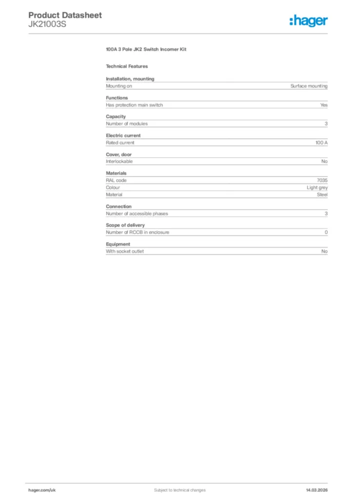 Image Hager Product data sheet JK21003S  | Hager