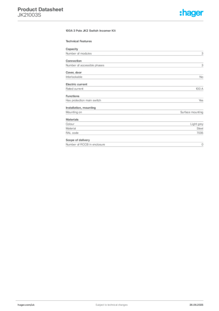 Image Hager Product data sheet JK21003S  | Hager